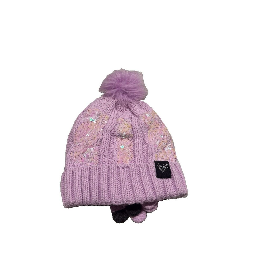 Justice Girls Pink Sequin Ribbed Beanie w/faux fur & Gloves 2-Piece Set NWT